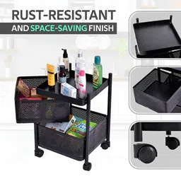 Aura Black Metal 2-Layer Revolving Multipurpose Storage Rack With Wheels image 5