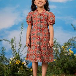 VASTRAMAY Girl Ajrakh Print Mandarin Collar Puff Sleeve A-Line Dress-14
