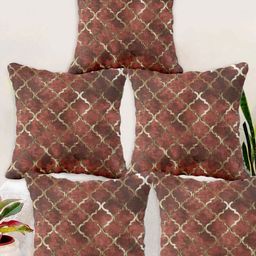 Blue Grass Maroon & Gold-Toned 5 Pieces Checked Velvet Square Cushion Covers-image-26