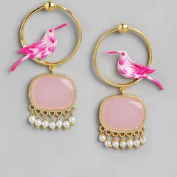 Anouk Gold-Plated Artificial Stone Studded And Beaded Geometric Shaped Drop Earrings image 2