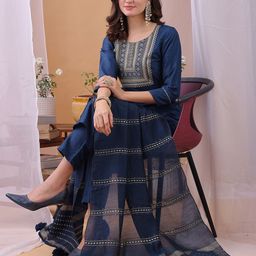 KALINI Yoke Design Sequinned Round Neck Kurta With Trousers & Dupatta-picture-9