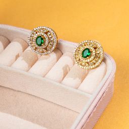 Niscka Gold-Plated American Diamond Studded Circular Shaped Studs-image-3