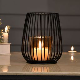 TAYHAA Black & Gold Toned Textured Metal Candle Holder With Glass-31
