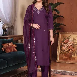 Moda Rapido Floral Embroidered V-Neck Sequinned Straight Kurta With Trousers & Dupatta-picture-35