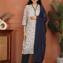JABAMA Women Grey Printed Pure Cotton Kurta Sets-image-1