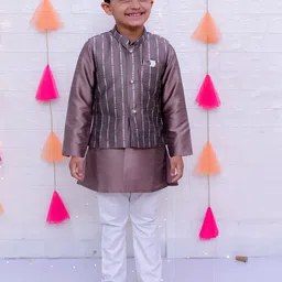 KID1 Boys Mandarin Collar Pure Silk Straight Kurta with Pyjamas & Nehru jacket-2