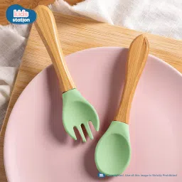 kids station Bamboo Rabbit Suction Bowl with Feeding Spoon and Fork - Bamboo, Silicone image 5
