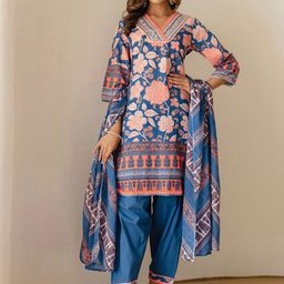 SKYLEE Women Floral Printed Regular Mirror Work Kurta with Patiala & With Dupatta-image-7