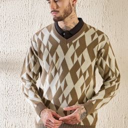 Men Self Design V Neck Brown Sweater-picture-21