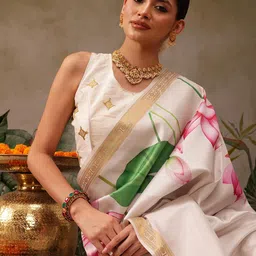 Silk Land Floral Printed Zari Ready to Wear Kasavu Saree-image-20