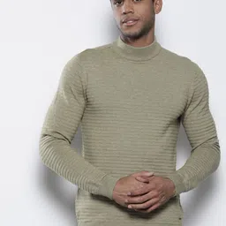 Petrol Self Design Striped High Neck Pullover-image-68