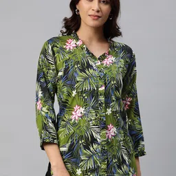 One Femme Floral Print Tropical Shirt Style Top-image-34