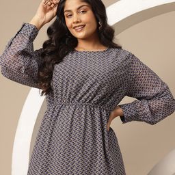 Sztori Plus Size Geometric Print Cuffed Sleeves A-Line Midi Dress-picture-13