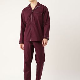 Hancock Men Burgundy Pure Cotton Solid Nightsuit-image-57