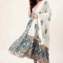 Maaesa Blue & White Printed Pure Cotton Ethnic Maxi Dress With Matching Dupatta-picture-32