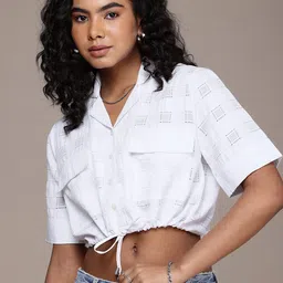 Roadster Checked Cotton Shirt Style Crop Top-image-22