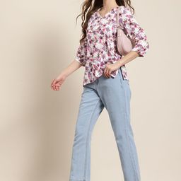 HERE&NOW Floral Printed V-Neck A-Line Kurti-image-36