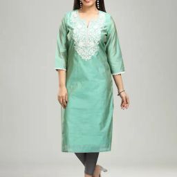 Cotton Culture Green Chanderi Embroidered3/4th sleeves Kurta-picture-11