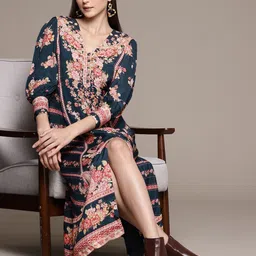 Ritu Kumar Floral Print Puff Sleeve A-Line Midi Dress-picture-22