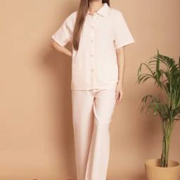 Kanvin Peach Cotton Self Pattern Shirt Pyjamas Set-picture-1