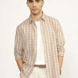 Andamen Khaki Cotton Slim Checks Shirt-image-25