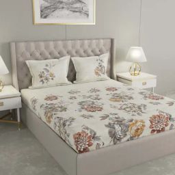 GMF Beige & Grey Cotton 210 TC Bed Sheet Set-image-0