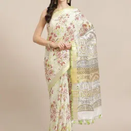Kalakari India Off-White & Green Linen Printed Saree With Unstitched Blouse-picture-24
