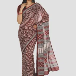 Kalakari India Maroon Cotton Printed Saree With Unstitched Blouse-image-27