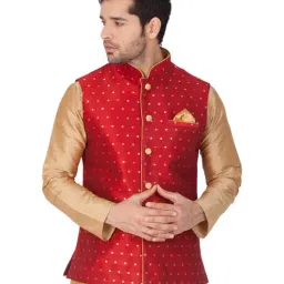 VASTRAMAY Red Straight Fit Self Pattern Nehru Jacket-picture-45