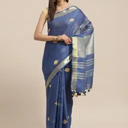 Kalakari India Blue Linen Woven Saree With Unstitched Blouse-picture-12