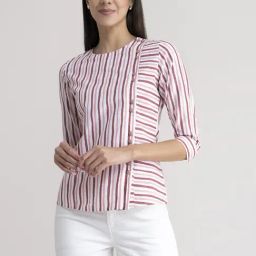 FableStreet Pink & White Linen Striped Top-image-12