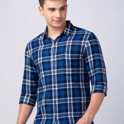Spykar Navy Blue Cotton Slim Fit Checks Shirt-image-8