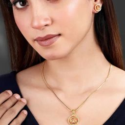 Peora Gold Plated Contemporary CZ Round Shape Stud Pendant & Earring-87