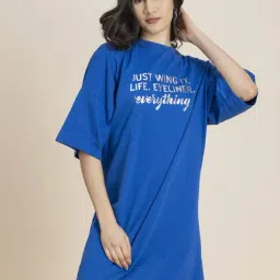 Moomaya Blue Graphic Print T-Shirt Dress-image-63