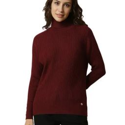 Allen Solly Maroon Regular fit Solid Sweaters-picture-30