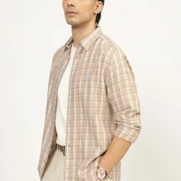 Andamen Khaki Cotton Slim Checks Shirt image 3