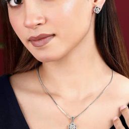 Peora Silver Plated Contemporary CZ Floral Stud Pendant & Earring-image-11