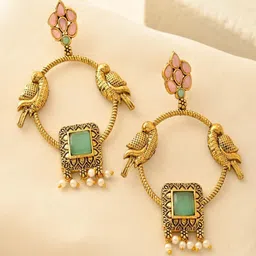 DASTOOR Gold-Plated Artificial Stones Studded and Beaded Circular Drop Earrings-11