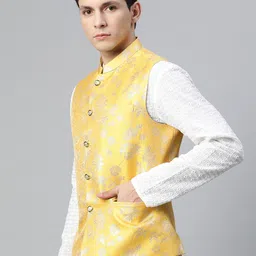 MANQ Men Yellow & Golden Ethnic Motifs Jaquard Woven Design Nehru Jacket image 2