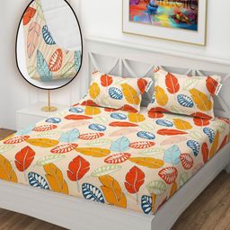 YaAkholic Beige & Orange 210 TC Queen Bedsheet with 2 Pillow Covers-image-59