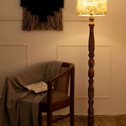 green girgit Brown & White Printed Wooden Cylinder Shaped Floor Lamp-25
