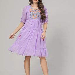 AARDRAA Floral Puff Sleeve Georgette Fit & Flare Dress-image-4