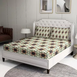 BOMBAY DYEING Beige & Green Floral 120 TC King Bedsheet with 2 Pillow Covers-image-74