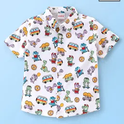 Babyhug 100% Cotton Knit Half Sleeves Vehicle Print Shirt - White-picture-43