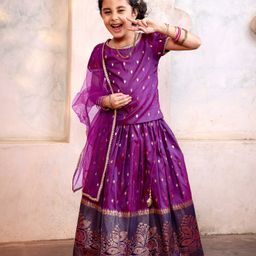 Babyhug Half Sleeves Banarsi Brocade Pattu Pavda Choli With Lehenga And Dupatta Set - Purple-image-76