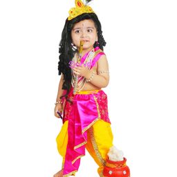 Sarvda Janmashtami Theme Silk Floral Swirl Sequin & Gota Lace Embellished Krishna Costume Kit - Pink & Yellow-image-94