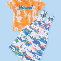 Babyhug 100% Cotton Knit Dungaree and Half Sleeves T-Shirt Set Beach Theme - Multicolor-image-96