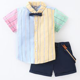 ToffyHouse 100% Woven Cotton Half Sleeves Yarn Dyed Striped Shirt & Shorts Set with Quirky Suspender & Bow Tie - Multicolour-image-22