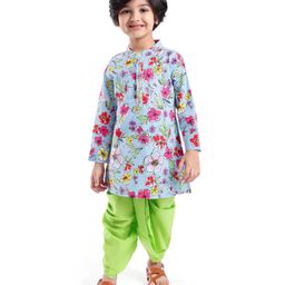Babyhug Cotton Woven Full Sleeves Kurta Dhoti Set with Floral Print - Blue & Green-image-85