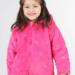 Babyhug Woven Full Sleeves Hooded Fur Jacket with Star Print - Hot Pink-image-61